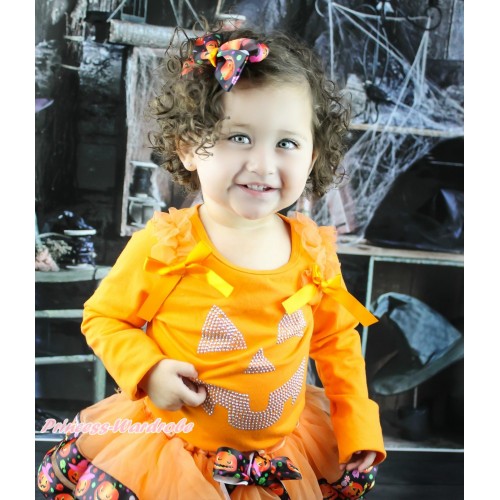 Halloween Orange Top Orange Ruffles & Bows & Sparkle Crystal Rhinestone Pumpkin Print TN255